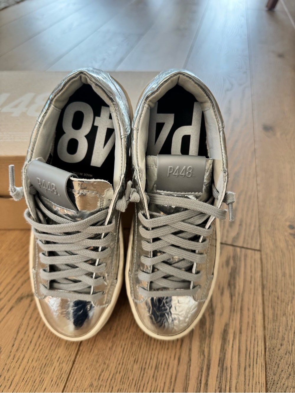 P448 Women’s Metallic Silver Low-Top Sneakers with Gray Laces (rare)